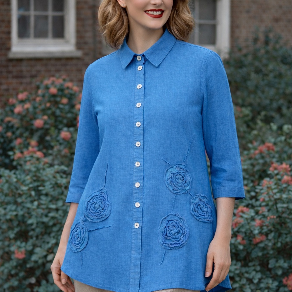 Ali Miles Linen Top Turquoise Art‎ to Wear, Lagenlook, Square Buttons Size L